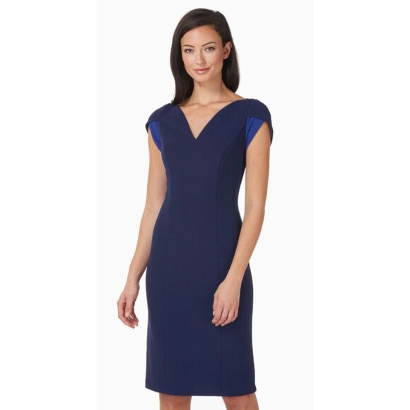 JS Collections Tulip Sleeve V-Neck Cocktail Work Dress Blue Navy Sapphire 8 NWT - Picture 1 of 13